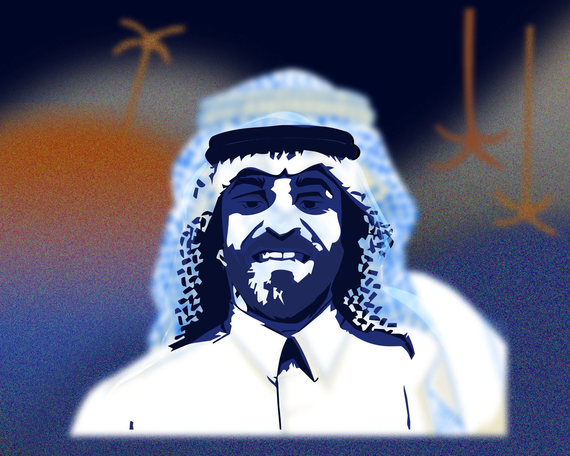 رسم رقمي لرجل بالثوب والشماغ والعقال أمام خلفية ضبابية زرقاء وبرتقالية